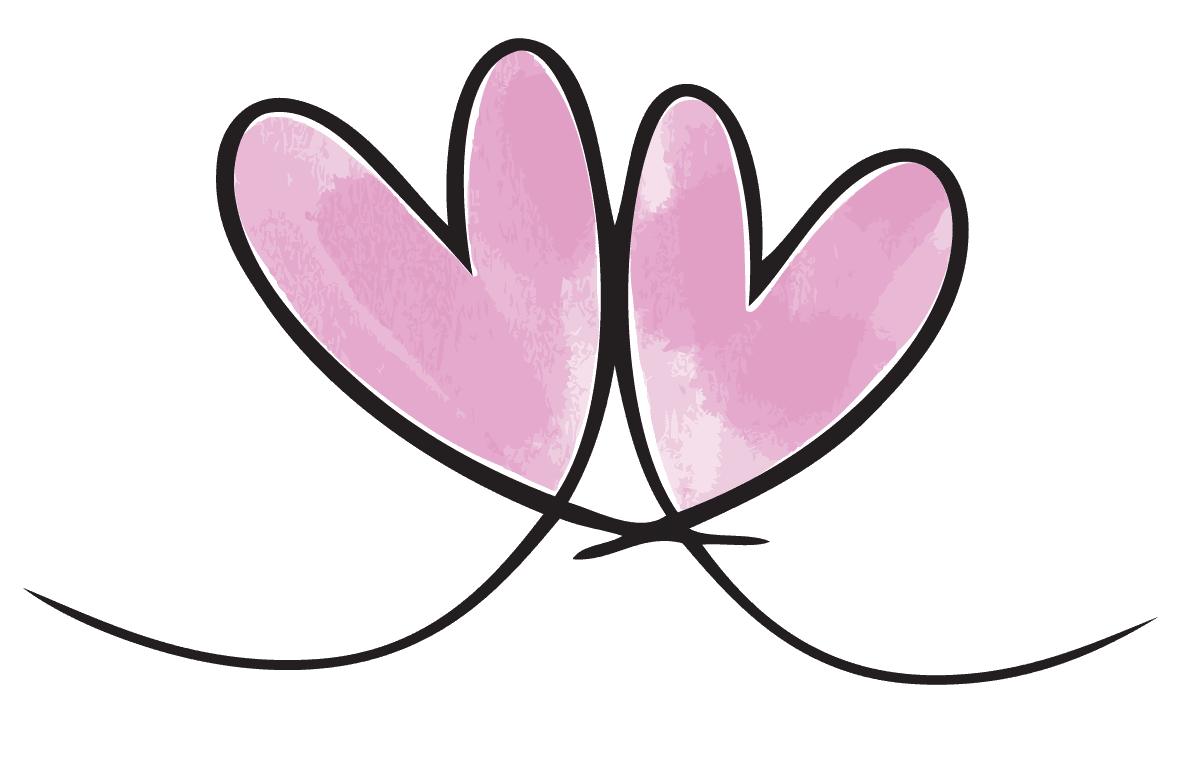 Two pink, hand-drawn hearts with black outlines are side by side, leaning towards each other. Curved black lines extend from the bases, creating a whimsical and playful look.